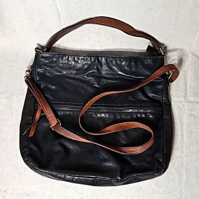 Fossil Corey Messenger bag Goat Hide Leather Black with Brown trim