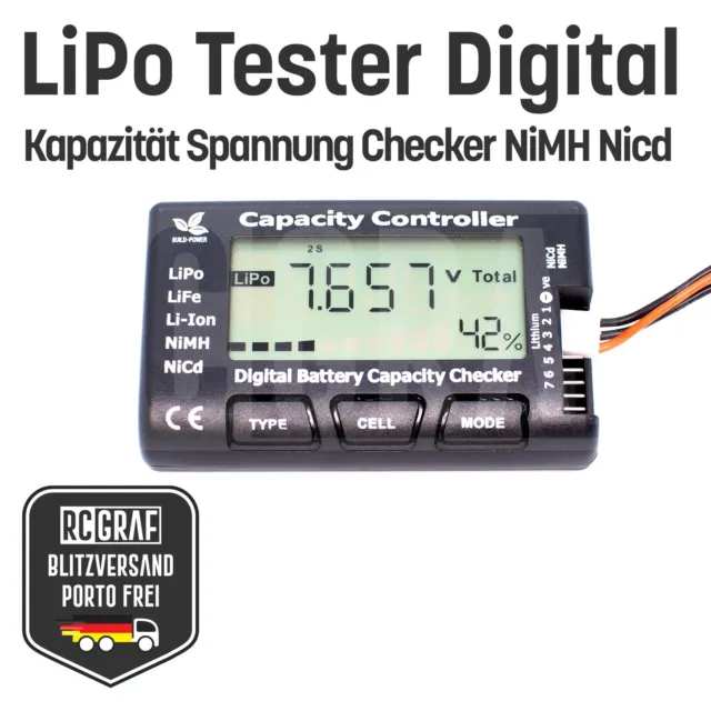 LiPo Tester Digital LiFe Li-Ion NiMH NiCd Spannung Kapazität Batterie NEU