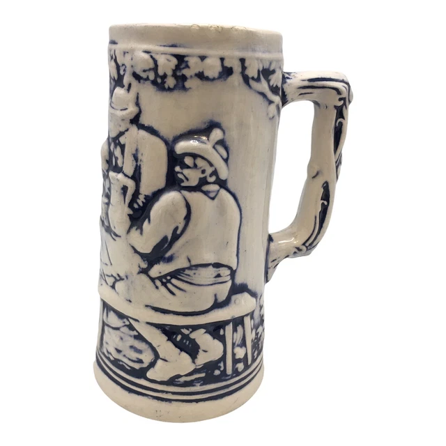 Vintage Stoneware Beer Stein Mug Tankard Raised Relief Blue and White