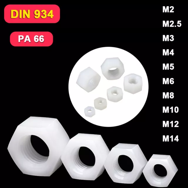 M2 M2.5 M3 M4 M5 M6 M8 M10 M12 M14 Nylon Hex Full Nuts White Plastic Hexagon Nut