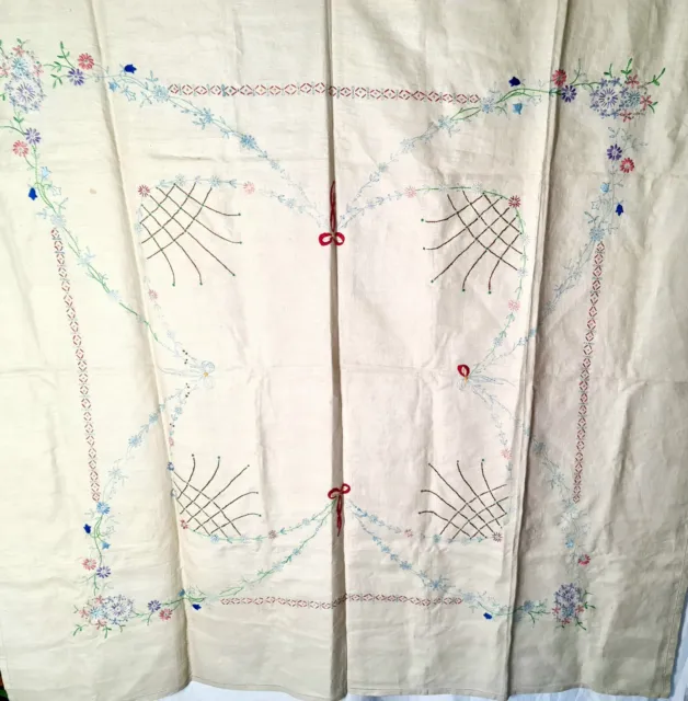 Vintage 1950s Linen Table Cloth Embroidered By Hand Floral Large Square 2