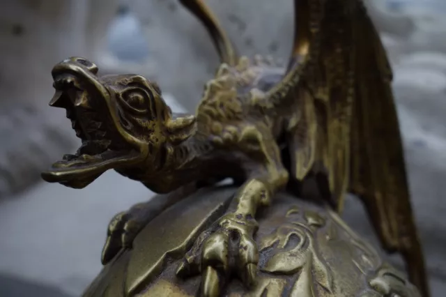 19C French Gothic Gilded Bronze Knight's Helmet Winged Dragon/Gargoyle Inkwell