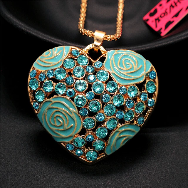 Betsey Johnson Lovely Shiny Rose heart Crystal Pendant Sweater Chain Necklace