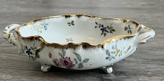 Double Handled 4 Footed Small Candy Nut Floral W/Gold Trim Trinket Dish/Bowl