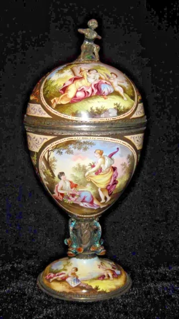 Rare Antique Early 19Th Vienna Austrian Hermann Boehm Enamel On Silver Urn Vase