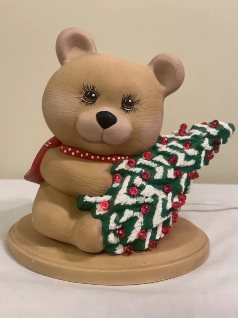 Vintage Ceramic Mold Teddy Bear & Christmas Tree w/ Round Red Lights Red Scarf