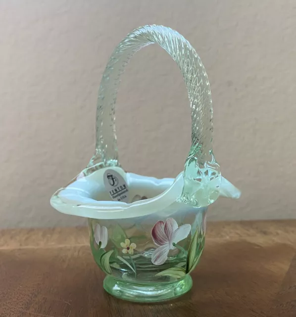 Fenton Miniature Basket Green Opalescent With Green Handle Hand Panted Signed