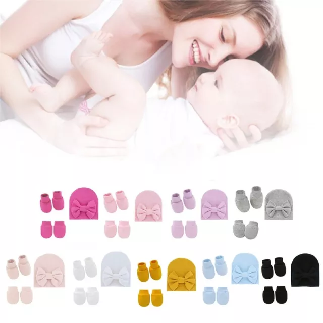 Baby Bowknot Hat Scratch Gloves Foot Cover Set Infants Soft Cotton Mittens