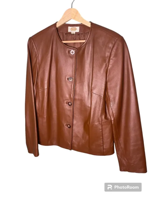 Talbots Cognac Brown Genuine Leather Jacket Button Lightweight Size 8
