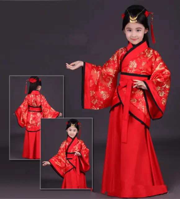 Kids Girls Chinese Han fu Princess Dance Folk Costume Tang Silk Dress Cosplay