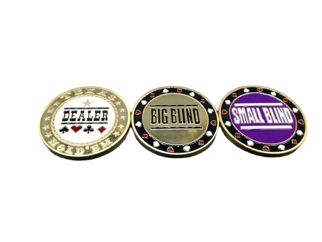 HOT 3 piece set of Metal Chip Poker buttons -Small Blind, Big Blind Dealer Brand
