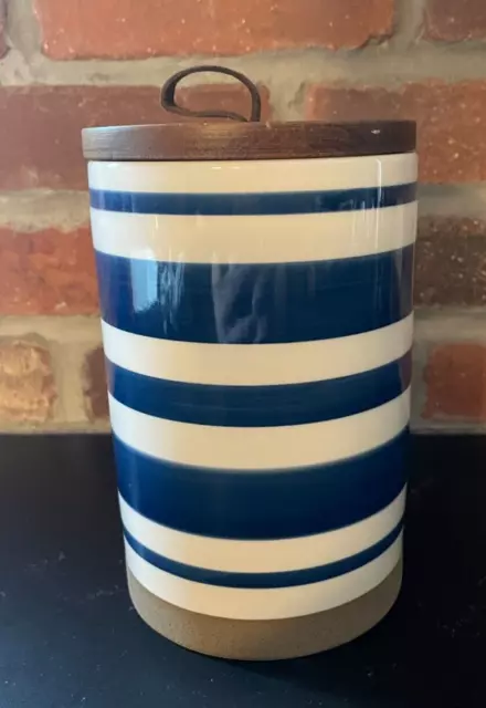 Ceramic Storage Canister, White with Blue Stripes, Wooden Lid, 7"H