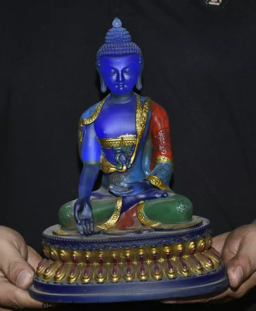 10.4 " Old Chinese Buddhism Blue Crystal Painting Seat Sakyamuni Buddha Statue