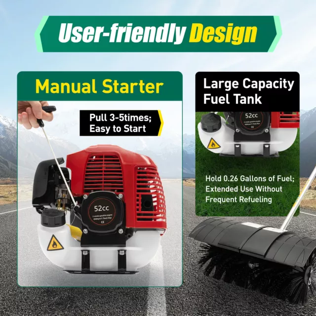 Handheld Power Sweeper 52cc 2.3HP Gas Power Brush Sweeper Driveway Turf Lawn
