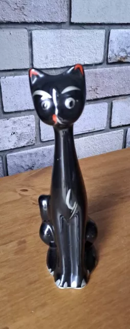 Black Cat Vase Long Neck Vintage Retro 50s Mid Century  Hand Painted Ceramic