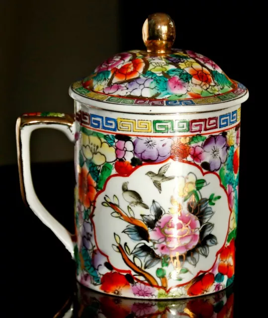 GORGEOUS RARE 1950's ANTIQUE LIDDED PORCELAIN CHINESE ROSE & GOLD TRIM TEA CUP