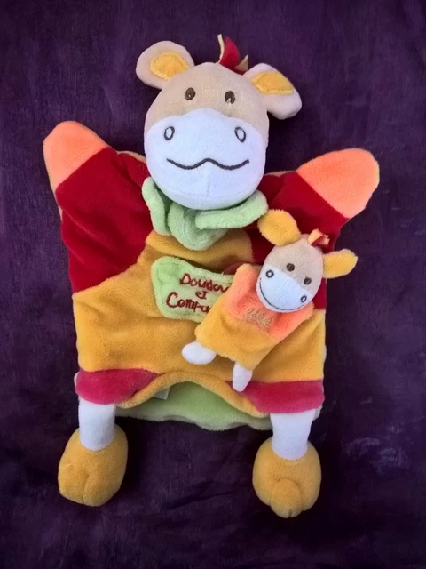 Doudou Et Compagnie Marionnette Cheval Ane Et Son Bebe Rouge Jaune Orange