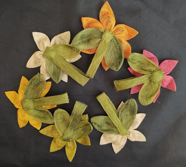 Burlap Jute Daisy Flower 4" Napkin Ring Set of 6- Orange, Yellow, Green & Pink 2