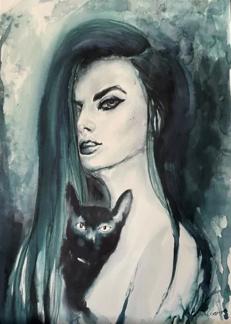 ENARA Art deco toile tableau peinture encre portrait Femme nue Chat noir