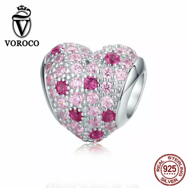 S925 Sterling Silver Bracelet Charms Beads Heart Love DIY Pendant Pink VOROCO