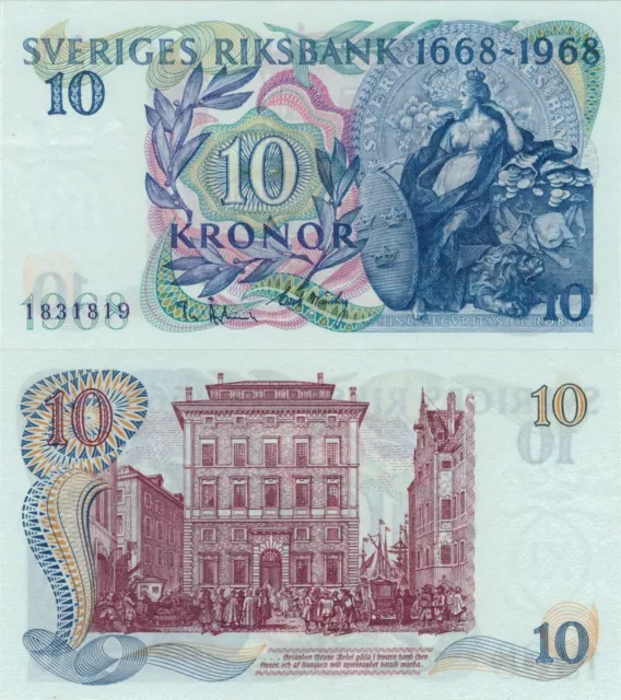 Sweden 10 Kronor (1968) - 300th Anniversary of Riksbank, p-68 UNC