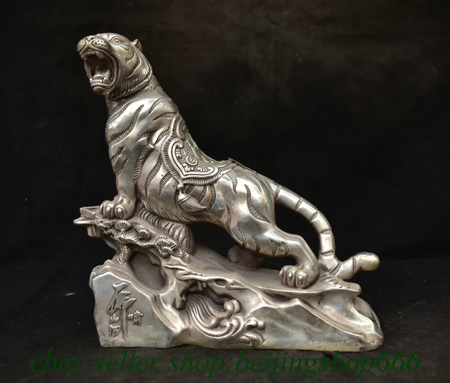 10" Qianlong Marked Old Chinese Silver Fengshui 12 Zodiac Year Tiger Statue