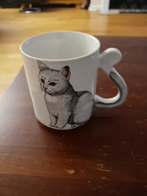 Gray Tabby Cat Porcelain Japan Coffee Mug Cup with Tail for Handle - Cute!