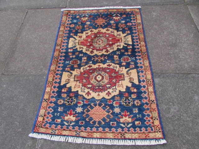 Vintage Hand Made Traditional Rug Oriental Wool Blue Red Small Rug 92x57cm