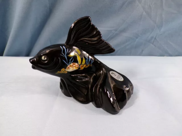 Fenton Black Glass Hand Painted Koi Fish Figurine Underwater Sea Design