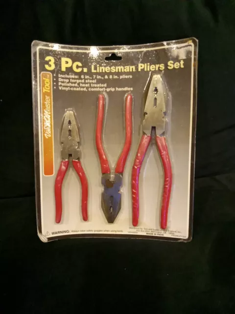 NEW  3 Pc Linesman Pliers Set, Value Master Tools,  Heavy Duty, 6", 7" & 8"