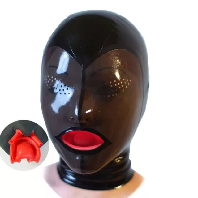 Latex Hood with Red Nose Tubes and Teeth Gag Open Perforated Eyes Rubber Mask