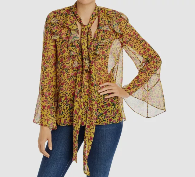 NWT $585 Divine Heritage Women Yellow Pink Floral Sheer V-Neck Blouse Top Size S