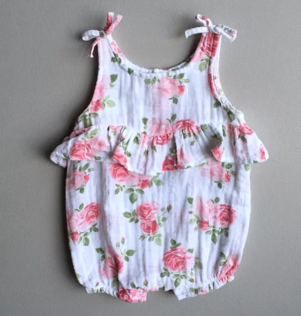 MUD PIE Baby Girls 3-6 Mo Floral Roses Ruffled Muslin Bubble Romper Pink White