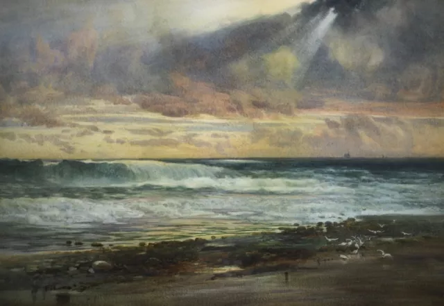 Frederick Mercer (1850-1939) Large Signed English Watercolour - Sunset Beach