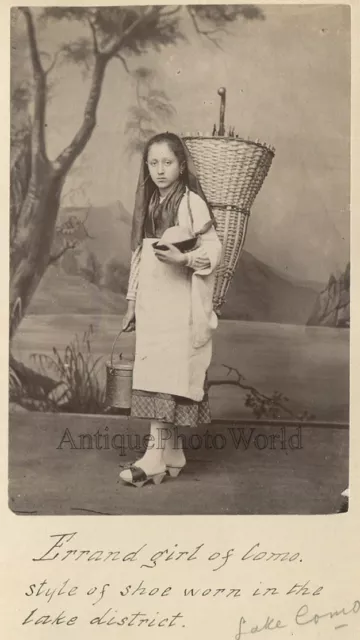 Girl errand girl w food boxes and basket Lake Como Italy antique albumen photo