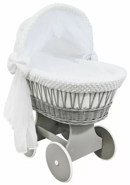 Grey Wicker Wheels Crib/baby Moses Basket + Complete Bedding White/dimple