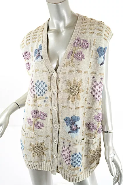 Pull gilet à motif floral tricoté à la main PATRICIA ROBERTS bronzé multi coton taille M