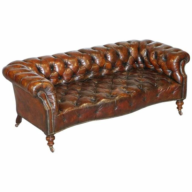 Victorian Serpentine Hand Dyed Restored Whisky Brown Leather Chesterfield Sofa