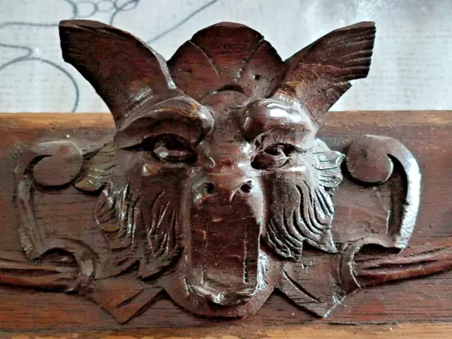 44,5" Antique French Wood Carved Oak Gothic Pediment Architectural Demon Head 2