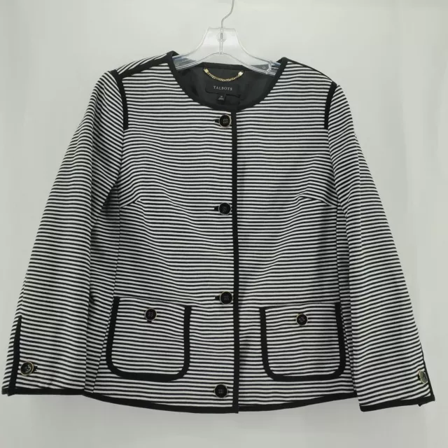 Talbots Striped Blazer Jacket Womens 10 Black White Lined Pockets Long Sleeve