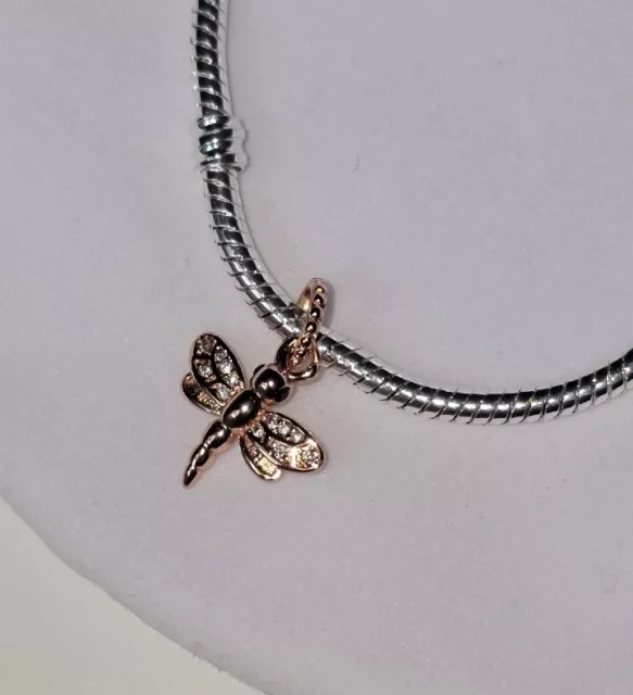 🔅 New 925 Sterling Silver 14k Plated Rose Gold Dragonfly Sparkling Charm 🔅