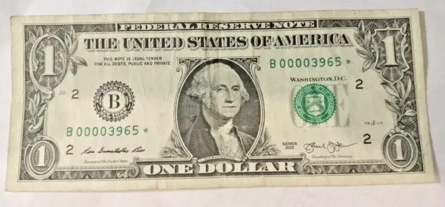 2013 1 Dollar Bill Star Note B Series Rare Duplicate Serial Number Low Serial