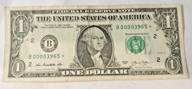 2013 1 Dollar Bill Star Note B Series Rare Duplicate Serial Number Low Serial