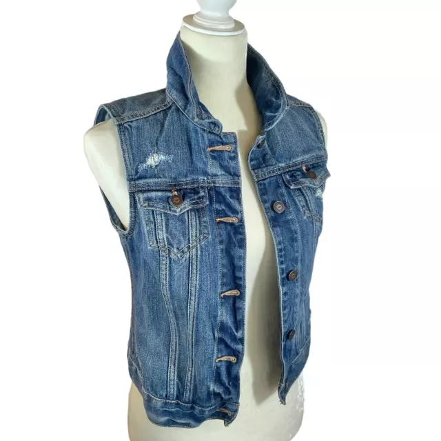 Hollister Womens M Blue Jean Denim Vest Jacket Factory Distressed