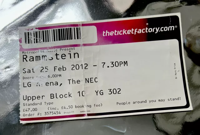 RAMMSTEIN TICKET Made In Germany Tour Birmingham NEC Arena 2012