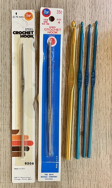 Vintage Lot of 6 BOYE Steel Aluminum Crochet Hooks Sizes E (2), F, J, 4, & 1 USA