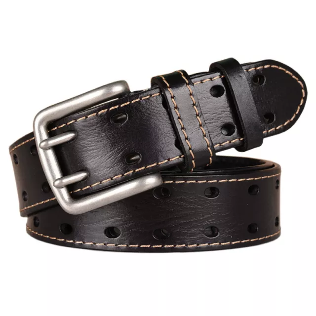 Men Heavy Duty Double Prong Belt Retro Genuine Leather Work Belts for Jeans