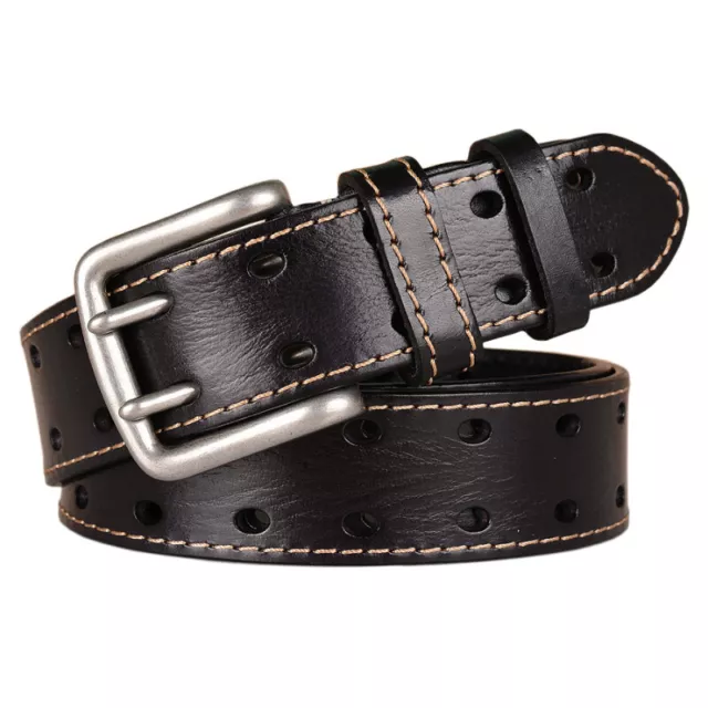 Men Retro Heavy Duty Double Prong Belt Genuine Leather Work Belts for Jeans belt