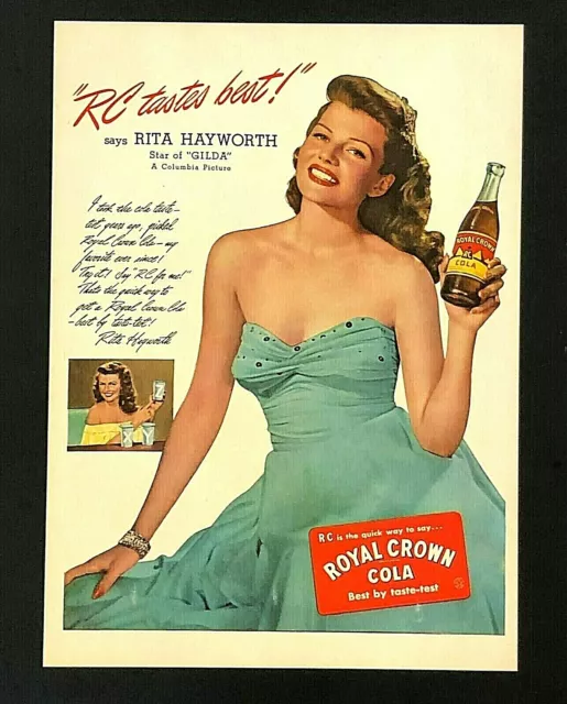 1946 Royal Crown Advertisement Rita Hayworth w Bottle of Cola Soda Vtg Print AD