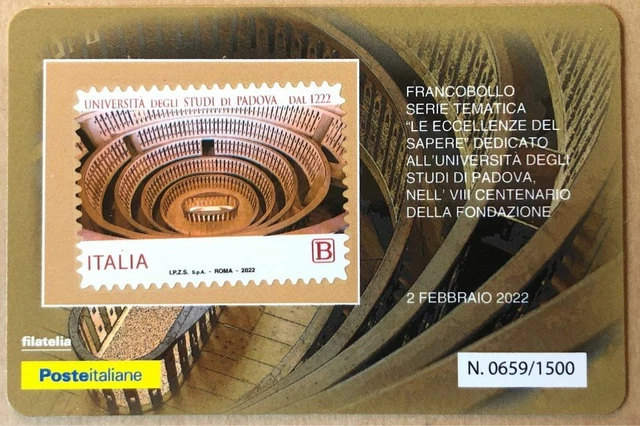 ITALIA 2022 UNIVERSITA' PADOVA TESSERA FILATELICA FRANCOBOLLO tiratura 1500